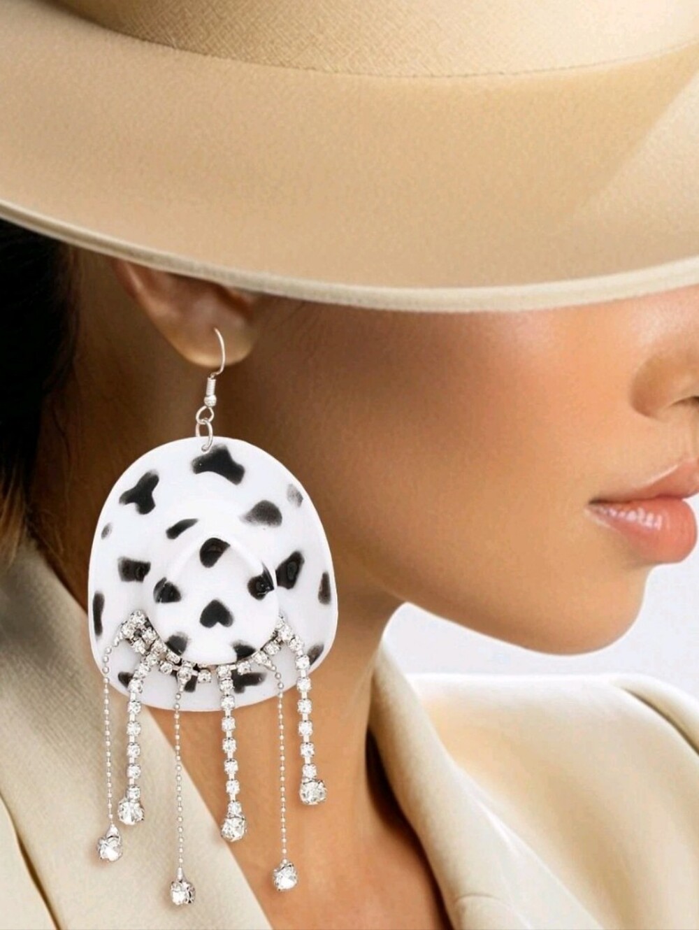Hand Crafted Bold Black & White Western Hat Drop Earrings with Rhinestone Fringe - Picture 2 of 8
